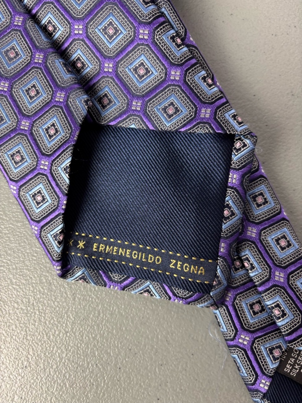 Ermenegildo Zegna Men's Neck Tie Purple Blue Geometric Square 100% Silk Italy - Picture 4 of 7